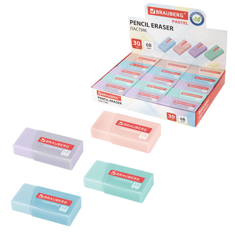 Ластик BRAUBERG "PASTEL MATTE", 50х24х10 мм, прямоугольный, картонный держатель, экологичный ПВХ, ассорти, 272729
