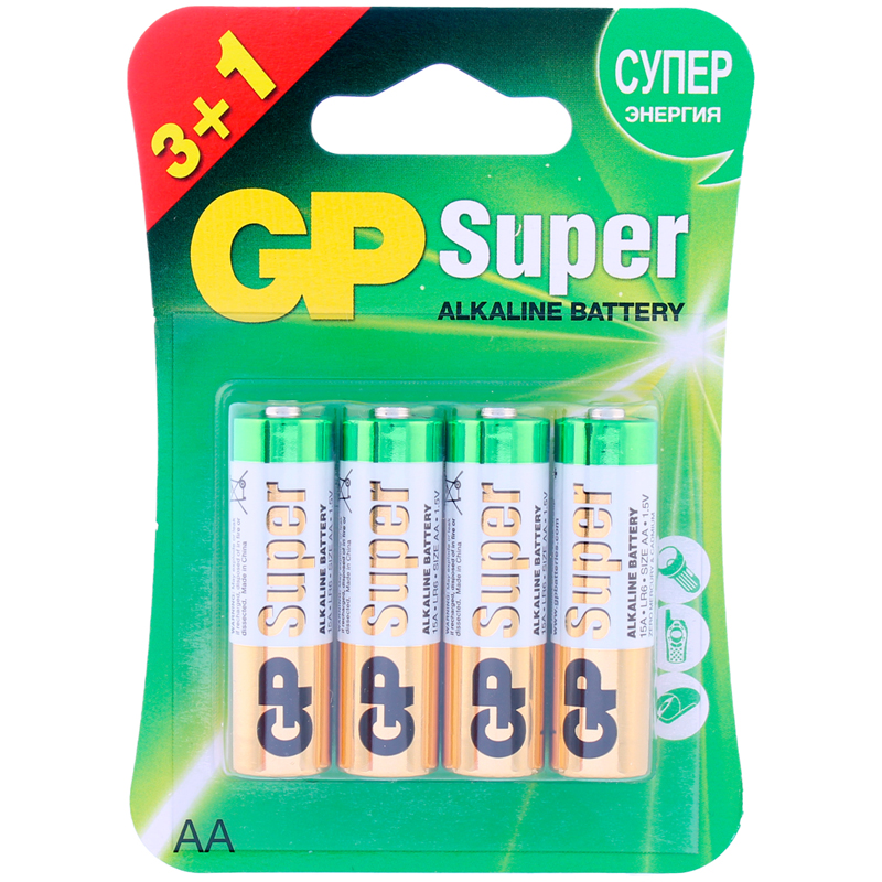 Батарейка GP Super AA (LR06) 15A алкалиновая, BC4 (промо 3+1)