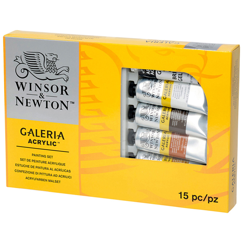 УЦЕНКА - Краски акриловые Winsor&Newton "Galeria", 09цв., 60мл/туба, доска, палитра, медиум для блеска, 2 кисти, картон. упаковка