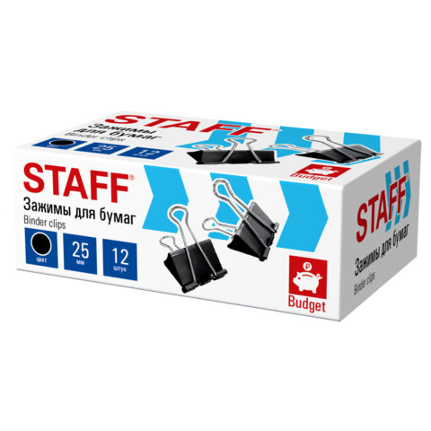 Зажимы для бумаг STAFF ECO, КОМПЛЕКТ 12 шт, 25 мм, на 100 листов, черные, картонная коробка, 274032