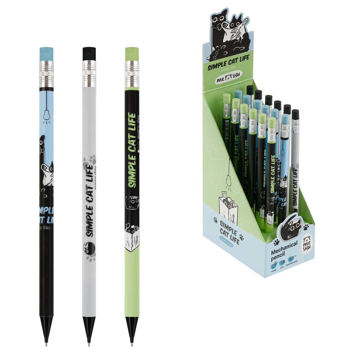 Карандаш механический MESHU "Meowsy", печать на корпусе, с ластиком, 0,7мм, ассорти