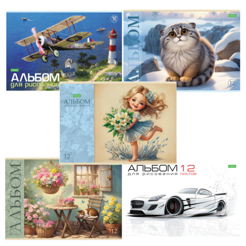 Альбом д/рис. А4 12л., скоба, обложка офсет, HATBER ECO, 205х290мм, Ассорти (5 видов), 12А4C