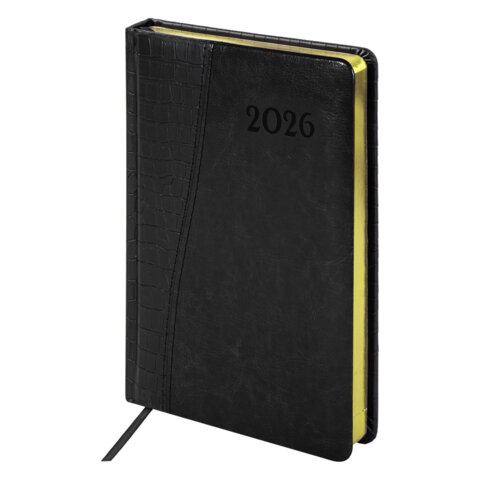 Ежедневник датированный 2026, А5, 138x213 мм, BRAUBERG "Cayman", под кожу, черный, 117047