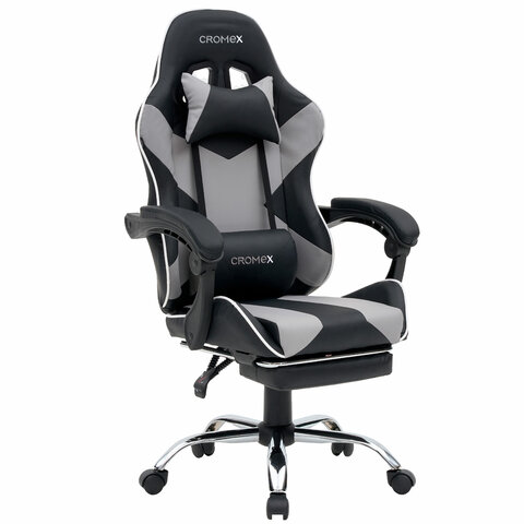 Кресло компьютерное CROMEX "Wave GM-145", вибромассаж, подножка, подушки, экокожа, черное/серое, 532956