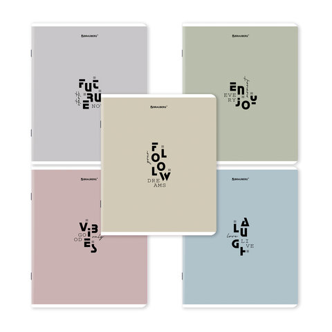 Тетради ДЭК А5 48 л. КОМПЛЕКТ 5 шт. BRAUBERG скоба, клетка, матовая ламинация, "Однотонный_Пастель_2", 404924