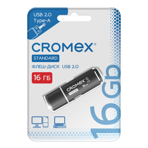 Флеш-диск 16 GB, CROMEX (КРОМЕКС) Standard USB 2.0, черный, 514158