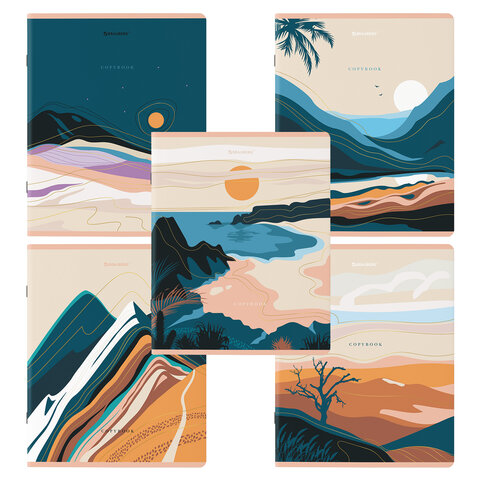 Тетради КОМПЛЕКТ 5 шт. А5, 48 л. BRAUBERG, скоба, клетка, SoftTouch, фольга, "Mountains", 404400