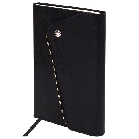 Ежедневник датированный 2026, А5, 145х213 мм, BRAUBERG "Jacket", под кожу, клапан, держатель, черный, 11739, 117399