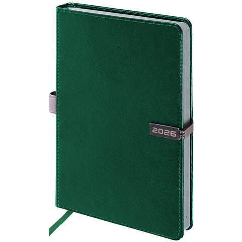 Ежедневник датированный 2026 А5 138x213 мм, BRAUBERG "Inspiration", под кожу, цветной срез, темно-зеленый, 117477