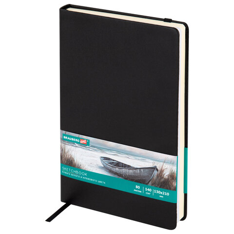 Скетчбук, слоновая кость+белая 140 г/м2, 130х210 мм, 80 л., КОЖЗАМ, резинка, BRAUBERG ART CLASSIC, черный, 116873