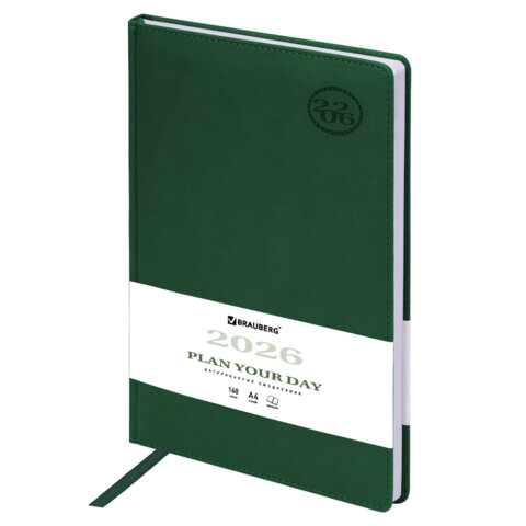 Ежедневник датированный 2026 БОЛЬШОЙ ФОРМАТ 210х297 мм, А4, BRAUBERG "Favorite", под кожу, зеленый, 117239