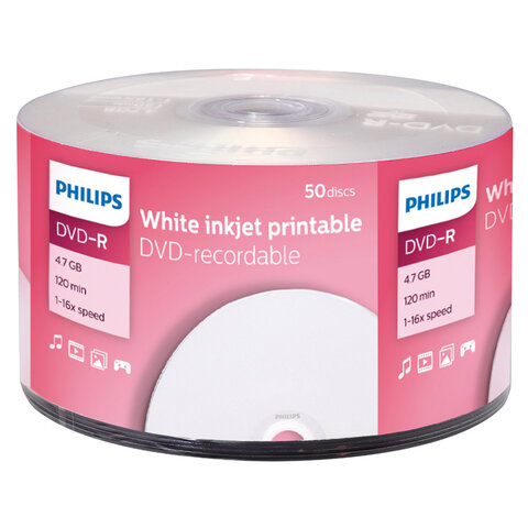 Диски DVD-R PHILIPS 4,7 Гб, 16x, Bulk (термоусадка без шпиля), поверхность для печати, КОМПЛЕКТ 50 шт., DM4I6U50F/97