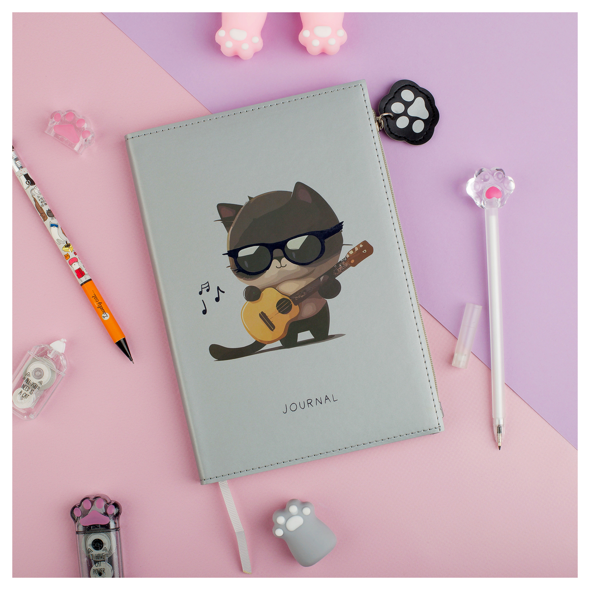 Ежедневник недатированный A5, 136л., кожзам, MESHU "Сat melody", тон. блок, карман на молнии с брелком, закладка-ляссе