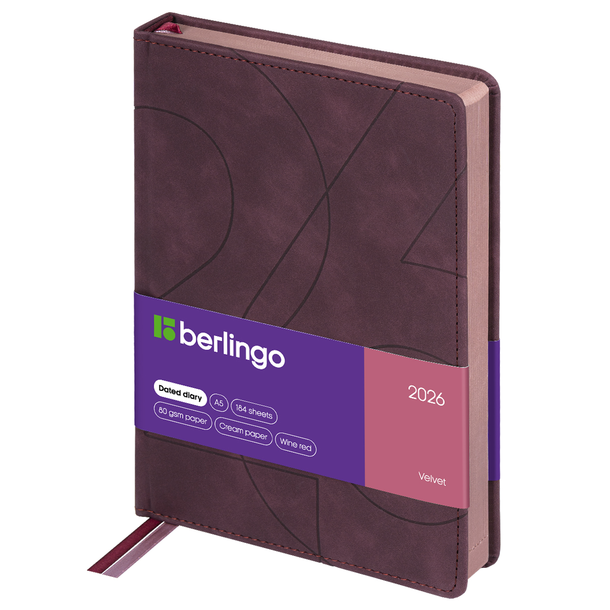 Ежедневник датированный 2026г., А5, 184л., кожзам, Berlingo "Velvet", цветной срез, бордовый