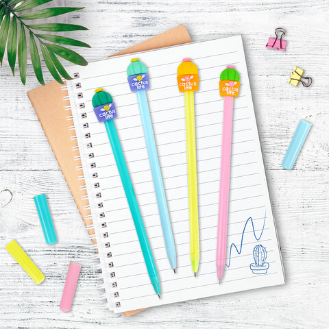 Ручка с топпером шариковая масляная ЮНЛАНДИЯ "Кактус", корпус ассорти, СИНЯЯ, пишущий узел 0,7 мм, 143800