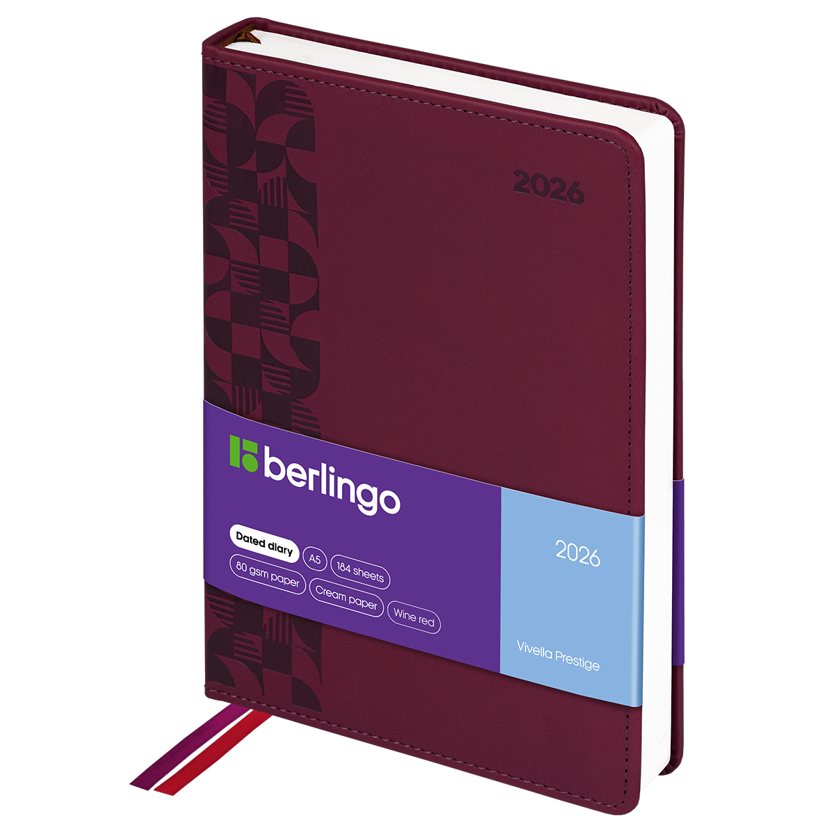 Ежедневник датированный 2026г., А5, 184л., кожзам, Berlingo "Vivella Prestige", бордовый