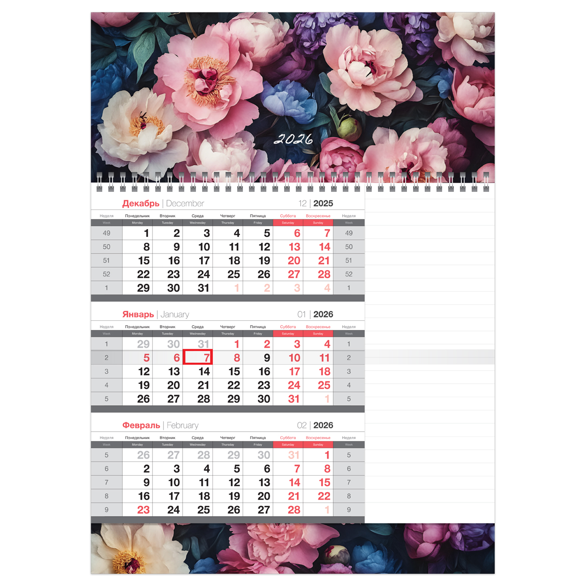 Календарь квартальный 1 бл. на 1 гр., 295*410 мм BG Mono "Цветы", с бегунком, бл. для заметок, 2026г