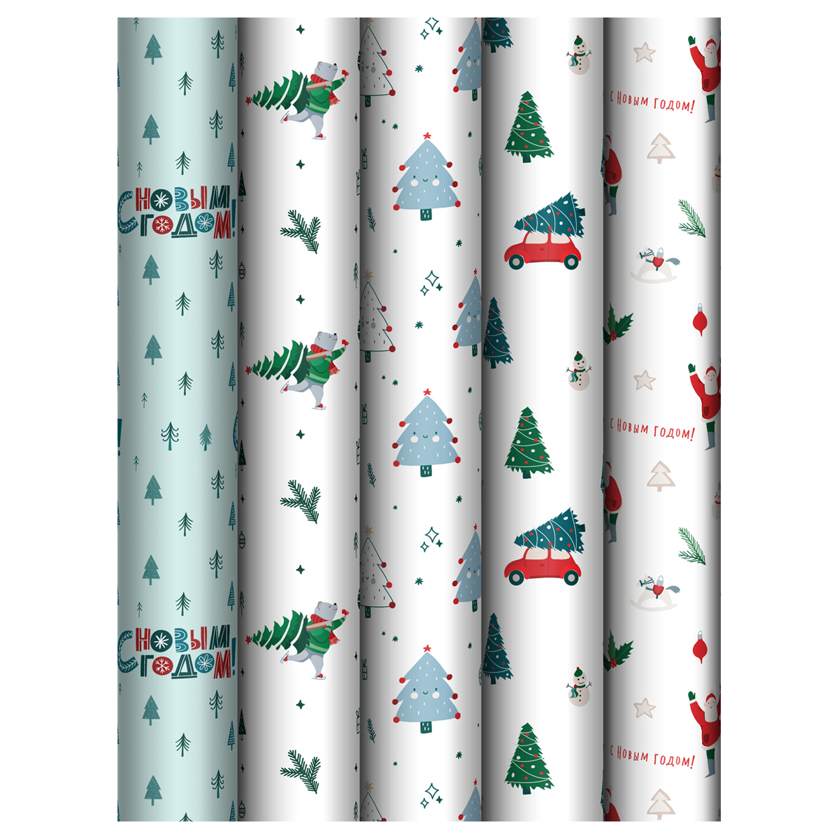 Упаковочная бумага глянц. 70*100см, MESHU "New Year", 80г/м2, ассорти 5 дизайнов