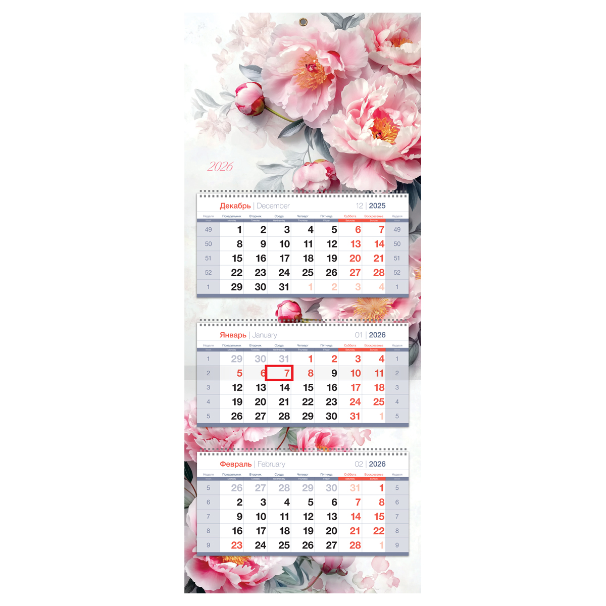 Календарь квартальный 3 бл. на 3 гр., 330*810 мм BG Premium "Пионы", с бегунком, 2026г.
