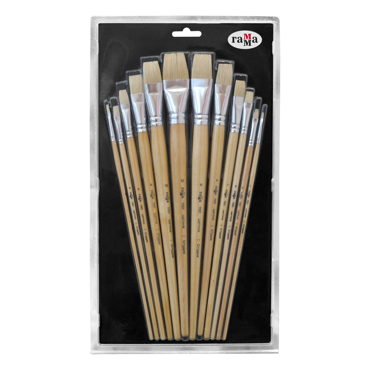 Набор художественных кистей щетина Гамма "Студия", 12шт., плоские №1,2,3,4,5,6,7,8,9,10,11,12