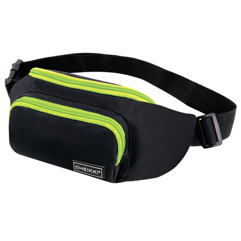 Сумка на пояс HEIKKI RIO (ХЕЙКИ), карман, регулируемый ремень, черная/салатовая, 30х12x10 см, 272615