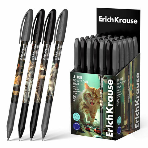 Ручка шариковая масляная ERICH KRAUSE U-108 "Stick Big City Cats",СИНЯЯ,узел 1мм,лини, 63103