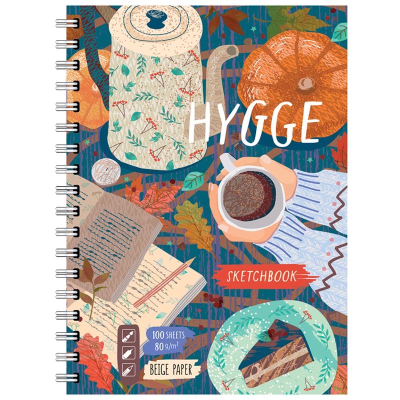 Скетчбук-тетрадь 100л., А5 BG "Hygge", на гребне, матовая ламинация, 80г/м2, бежевый блок, твердая обложка