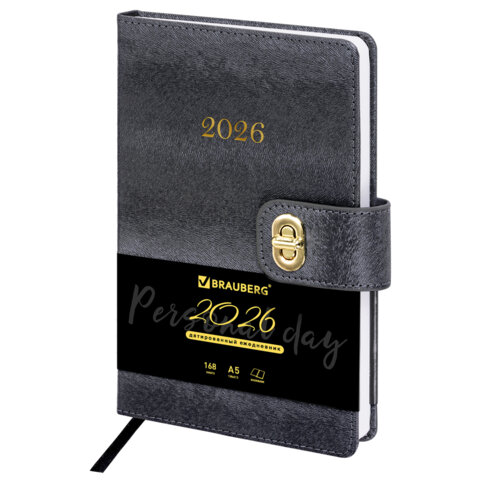 Ежедневник датированный 2026 А5 138х213 мм, BRAUBERG "Elegant", под кожу, застежка, черный, 117368