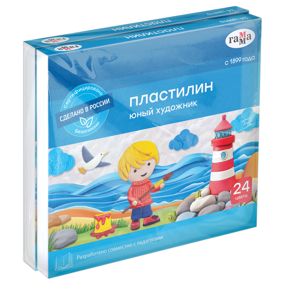 Пластилин Гамма "Юный художник", синий, 24 цвета, 336г, со стеком. картон. упак. (2шт.) т/у