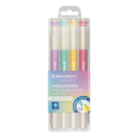 Набор текстовыделителей двусторонних 4 ШТУКИ / 8 ЦВЕТОВ, BRAUBERG "GRADE", линия письма 1-4 мм, 152509