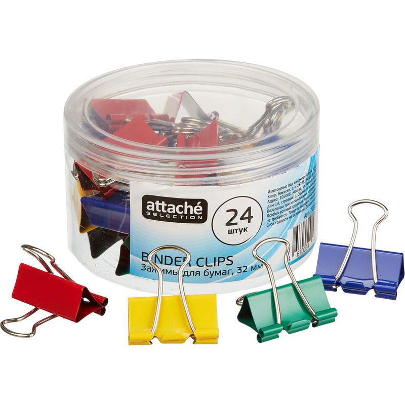Зажим для бумаг Attache Selection, 32мм, 24 шт, цветные, пласт.уп
