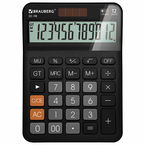 Калькулятор настольный BRAUBERG DC-118-BK (175х126 мм), 12 разрядов, двойное питание, черный, 272962