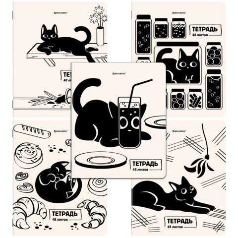 Тетради ДЭК А5 48 л. КОМПЛЕКТ 5 шт. BRAUBERG, скоба, клетка, TWIN-лак, "КОТ-НЕПОСЕДА", 404943