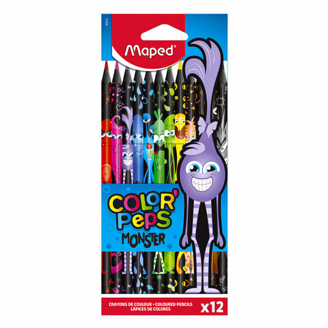 Карандаши цветные MAPED COLOR PEP'S Black Monster, набор 12 цветов, пластиковый корпус, 862612