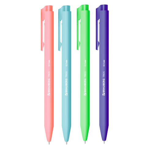 Ручка шариковая автоматическая BRAUBERG "TRIOS BRIGHT COLOR", корпус ассорти, СИНЯЯ, пишущий узел 0,5 мм, линия письма 0,3 мм, 144497