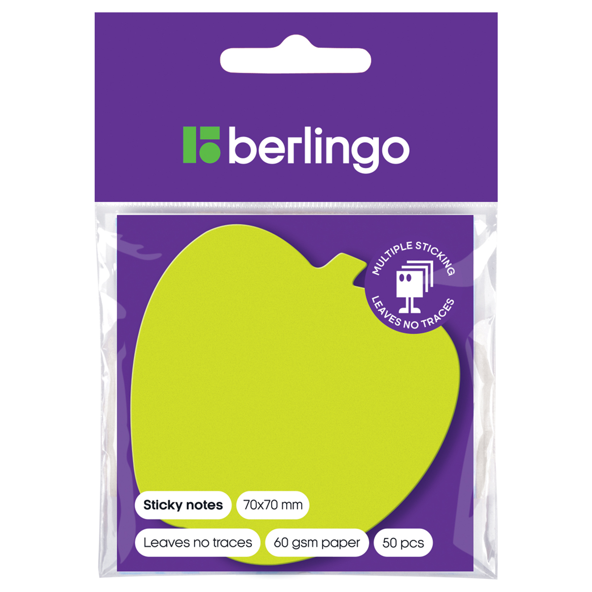 Самоклеящийся блок фигурный Berlingo "Яблоко", 70*70мм, 50л, зеленый неон, европодвес