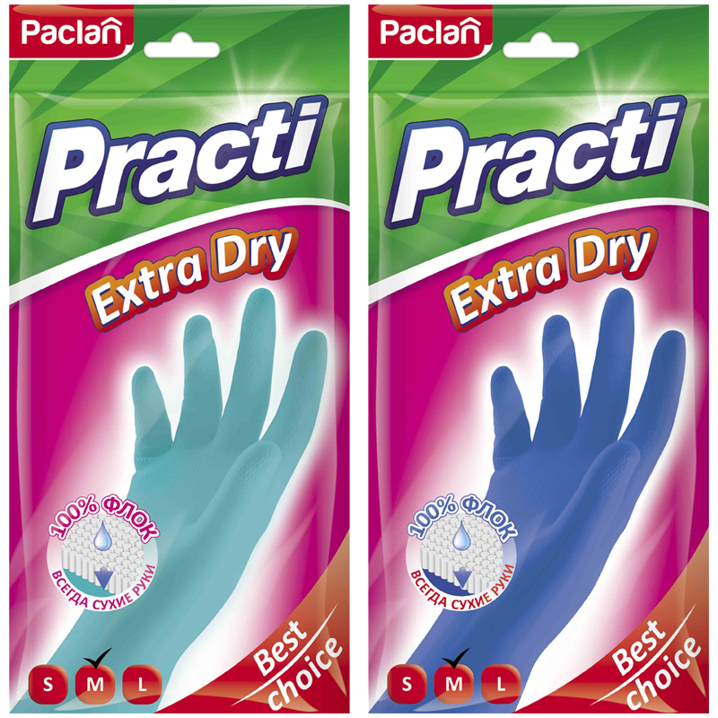 Перчатки резиновые Paclan "Practi Extra Dry", разм. M, цвет микс, пакет с европодвесом