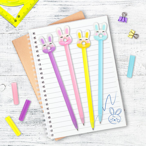 Ручка с топпером шариковая масляная ЮНЛАНДИЯ "Зайка-пончик", корпус ассорти, СИНЯЯ, пишущий узел 0,7 мм, 143802