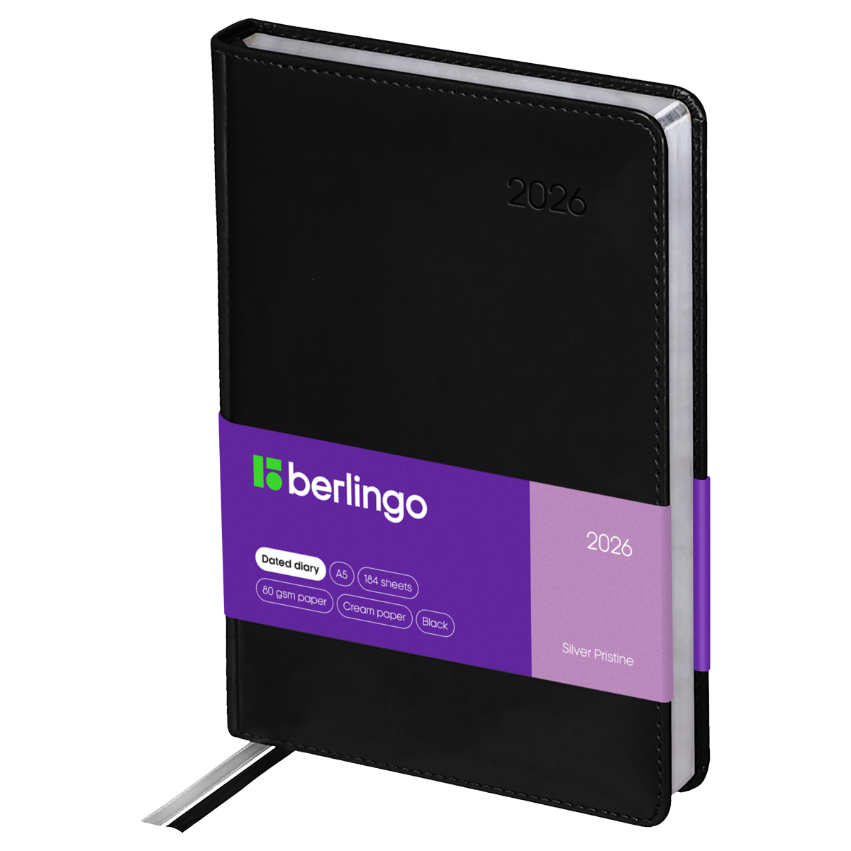 Ежедневник датированный 2026г., А5, 184л., кожзам, Berlingo "Silver Pristine", сер. срез, черный