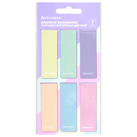 Закладки для книг МАГНИТНЫЕ, "PASTEL", набор 6 штук, 60x20 мм, BRAUBERG, 117013
