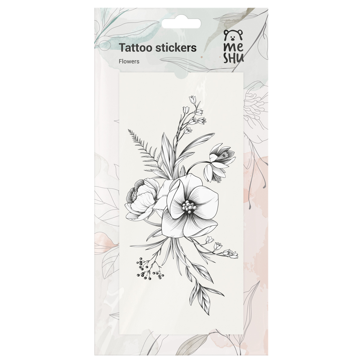Наклейка-тату MESHU, "Flowers", 9*19см, 3 листа, инд. уп., европодвес