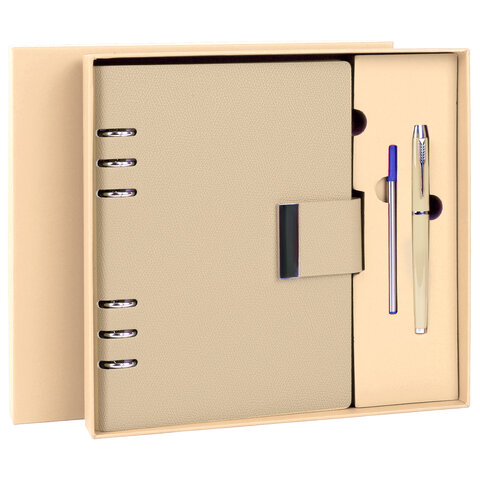 Ежедневник на кольцах в наборе с ручкой А5, 165x229 мм, BRAUBERG "Lux", под кожу, 100 листов, бежевый, 116859