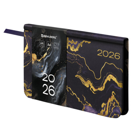 Еженедельник датированный 2026 МАЛЫЙ ФОРМАТ 95х155 мм, А6, BRAUBERG "Vista", под кожу "Black marble", 117203