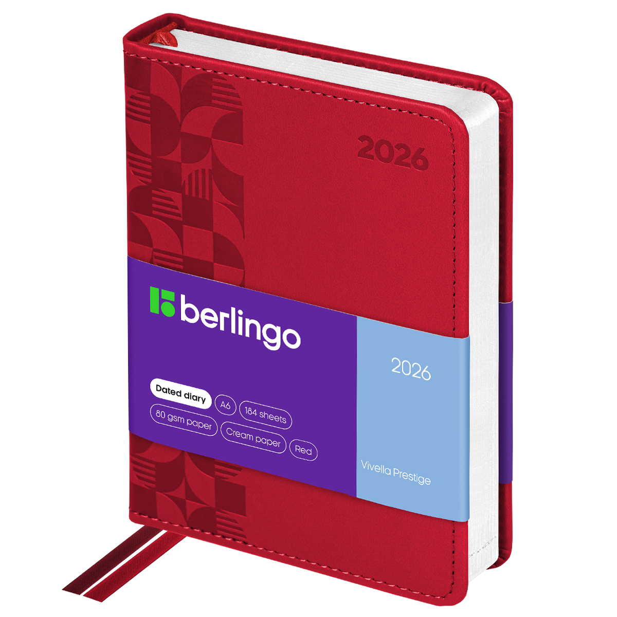 Ежедневник датированный 2026г., А6, 184л., кожзам, Berlingo "Vivella Prestige", красный