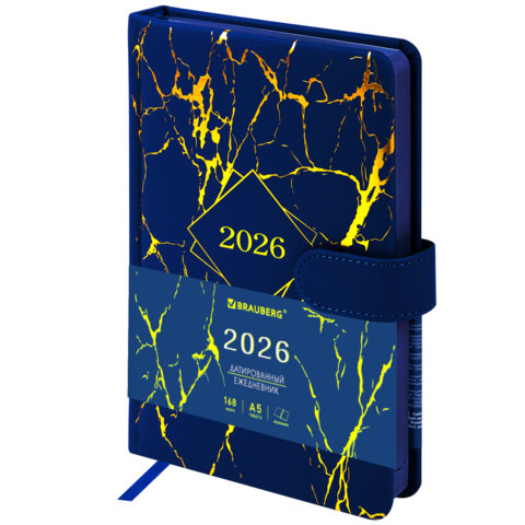 Ежедневник датированный 2026 А5 138x213 мм, BRAUBERG "Goldy", под кожу, цветной срез, синий, 117472