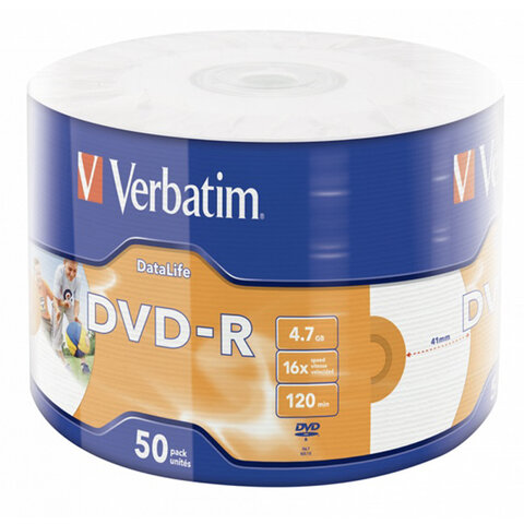 Диски DVD-R VERBATIM DataLife, 4,7 Гб 16x Bulk (термоусадка без шпиля), КОМПЛЕКТ 50 ш, 43791