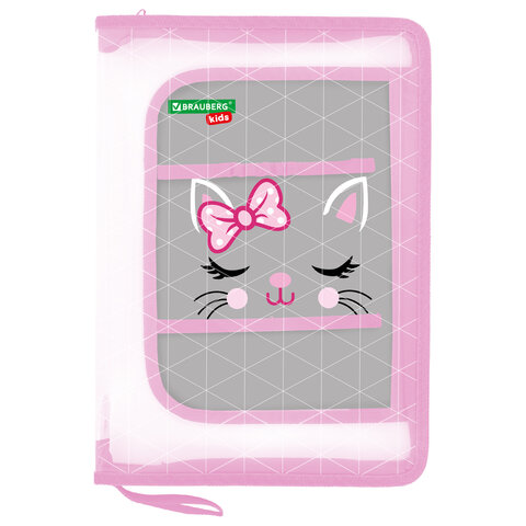 Папка для труда на молнии BRAUBERG KIDS А4, 1 отделение, прозрачная, органайзер, "Tiny cutie", 273397