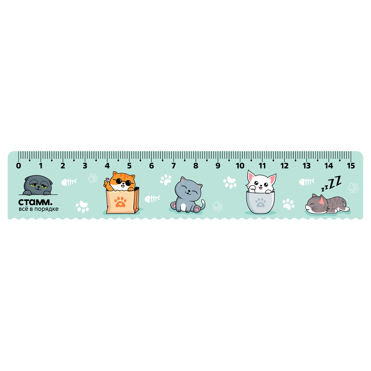 Линейка 15см СТАММ "Коты", пластиковая, с волнистым краем, европодвес