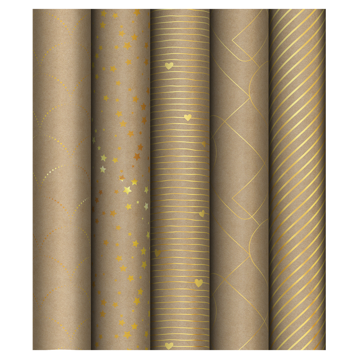 Упаковочная бумага крафт 70*100см, MESHU "Golden Pattern", 80г/м2, отд. фольгой, ассорти 5 дизайнов