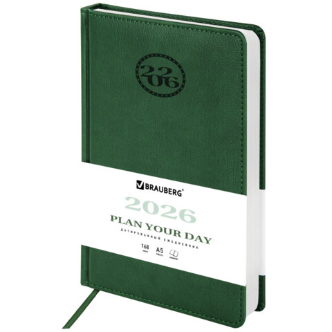Ежедневник датированный 2026, А5, 138x213 мм, BRAUBERG "Favorite", под кожу, зеленый, 117038